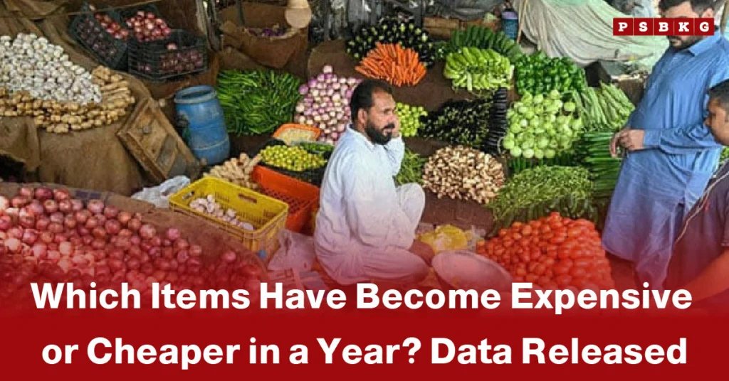 A bustling market scene with colorful vegetables and fruits, highlighting price changes in a year across fresh produce.
