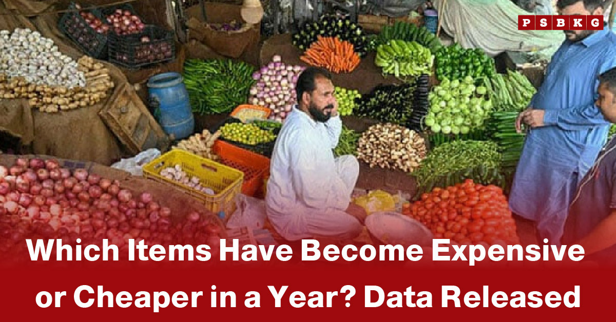 A bustling market scene with colorful vegetables and fruits, highlighting price changes in a year across fresh produce.