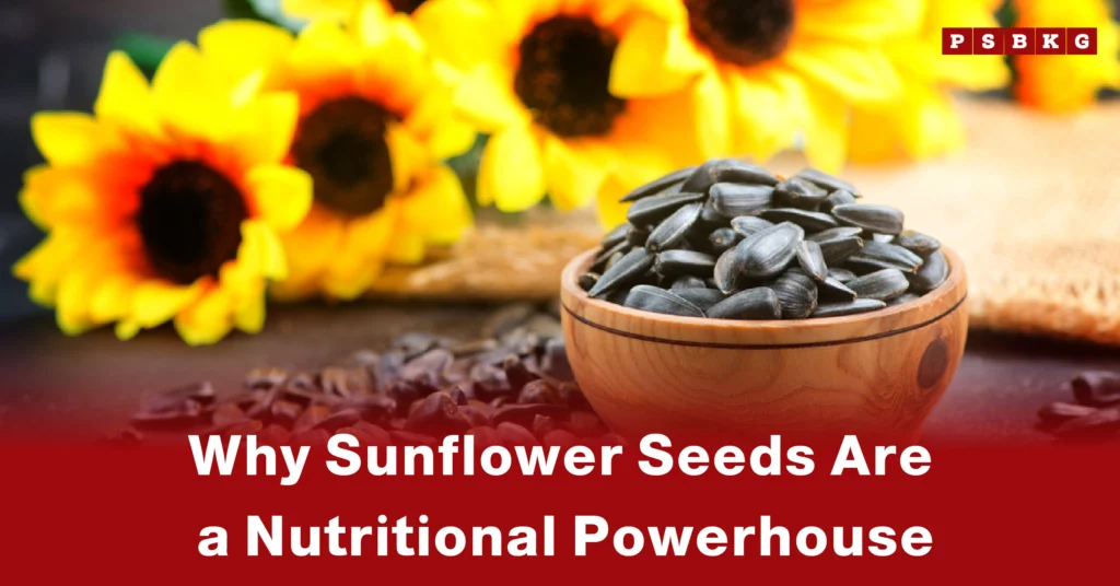 A wooden bowl filled with sunflower seeds surrounded by vibrant sunflowers, highlighting sunflower seeds health benefits and nutritional value.
