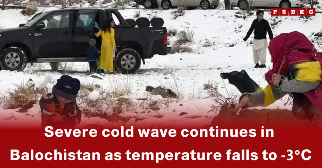People stand and play in a snow-covered area near a black vehicle, highlighting the Balochistan cold wave as temperatures drop to -3°C.