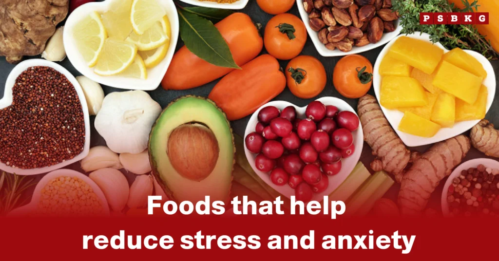 A vibrant assortment of fruits, vegetables, and grains arranged in heart-shaped bowls, highlighting foods to reduce stress and anxiety.