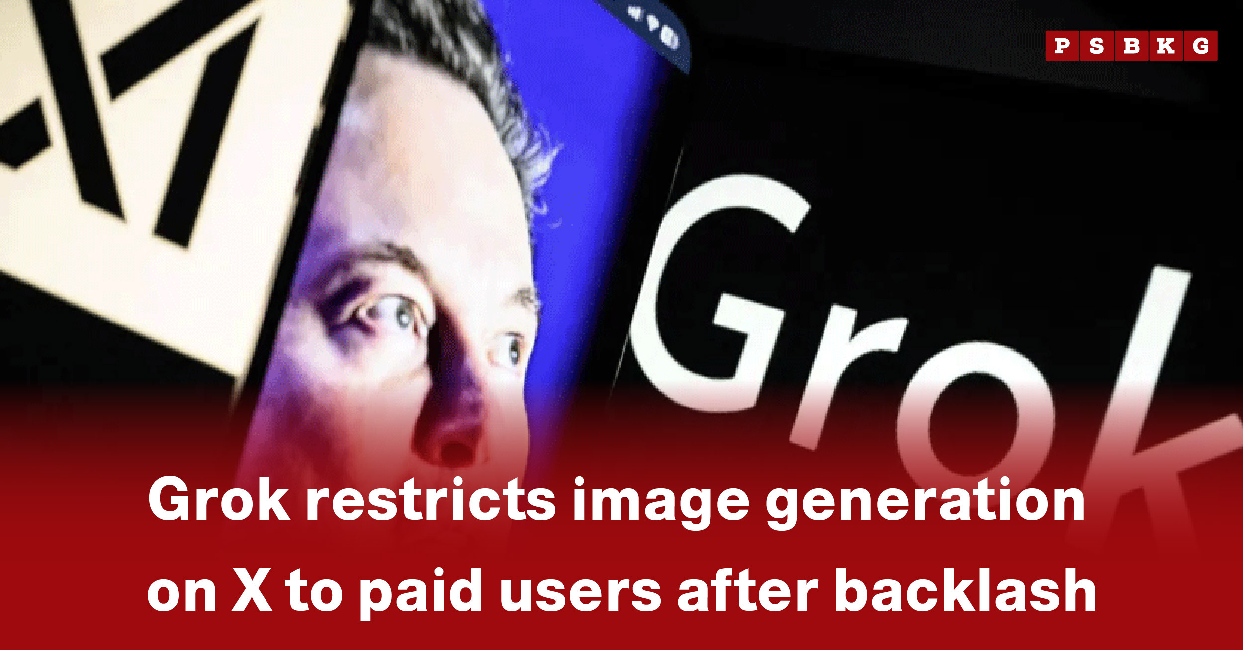 Image showing text about Grok image generation paid users restriction on X, alongside a close-up of a person's eye and the logo.