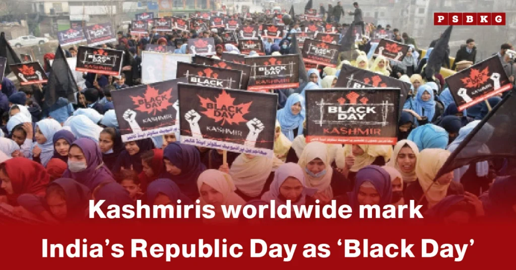 A large group of protesters holding banners and flags as Kashmiris mark Black Day, commemorating India’s Republic Day as a day of protest for Kashmir.