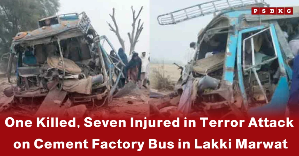 A damaged bus at the site of the Lakki Marwat terror attack, with people assessing the wreckage after one person was killed and seven injured.