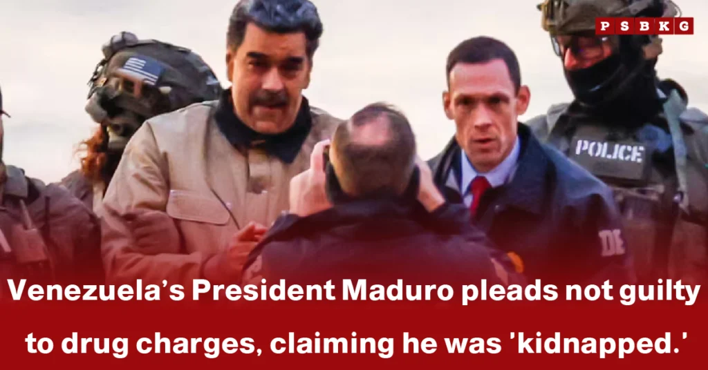 Venezuelan officials surround a man as Maduro drug charges are highlighted, with him pleading not guilty and claiming he was kidnapped.