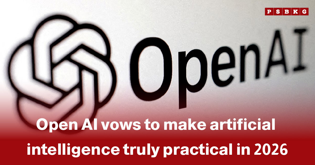 OpenAI logo with text stating 'Open AI vows to make artificial intelligence truly practical in 2026' on a red-faded background, highlighting OpenAI practical AI 2026.