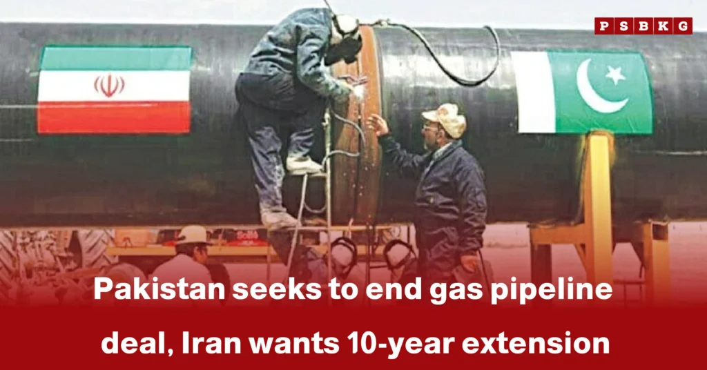 Workers examine a large pipeline adorned with the flags of Iran and Pakistan, highlighting discussions on the Pakistan Iran gas pipeline extension.