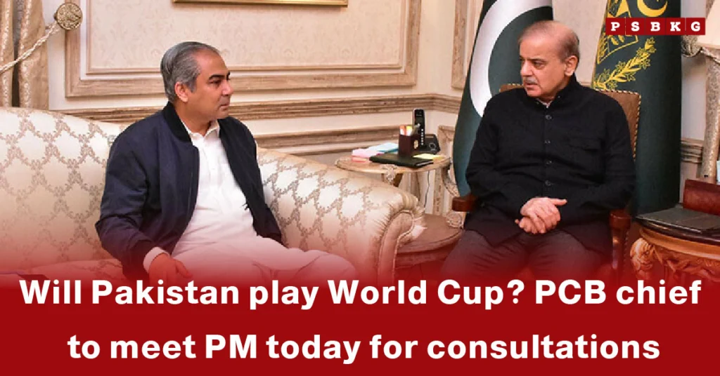 Two officials sit on a plush sofa during a discussion on Pakistan World Cup participation, highlighting PCB PM meeting with the national flag in the background.