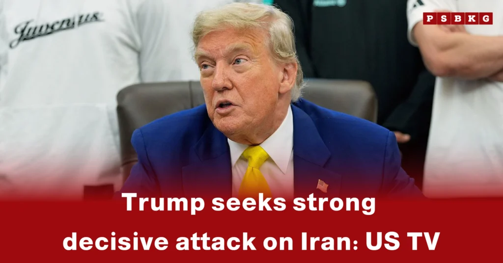 A figure seated at a table in a blue suit and yellow tie discusses a strong response to Iran, highlighting Trump strong attack on Iran, with others in the background.