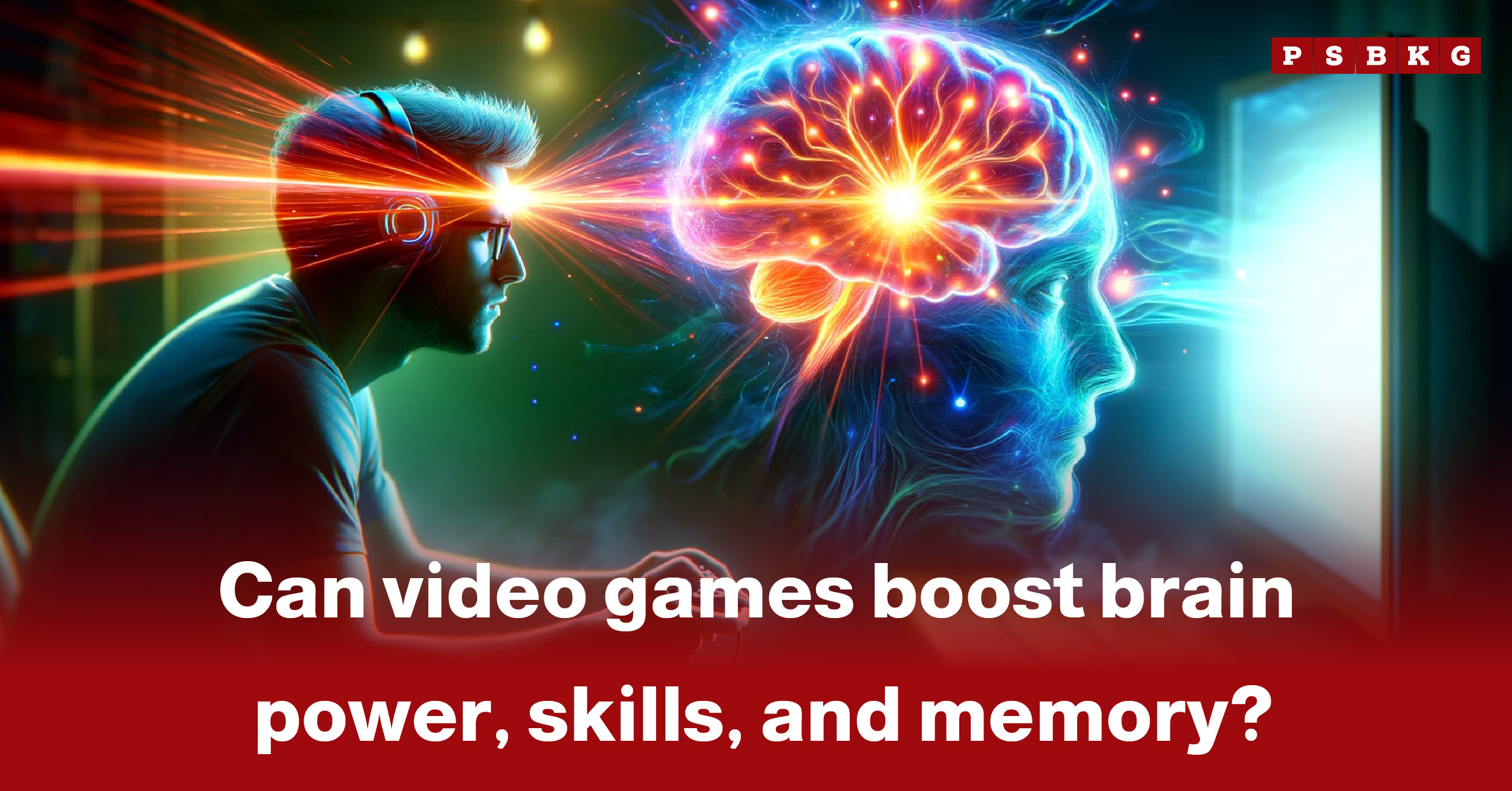 A person in a gaming setup with vibrant energy beams connecting to a glowing brain graphic, highlighting how video games boost brain power and cognitive benefits.