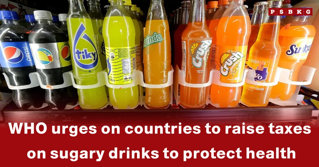 Various soda bottles lined up on a shelf, highlighting WHO sugary drinks tax and the call for countries to implement it for health protection.