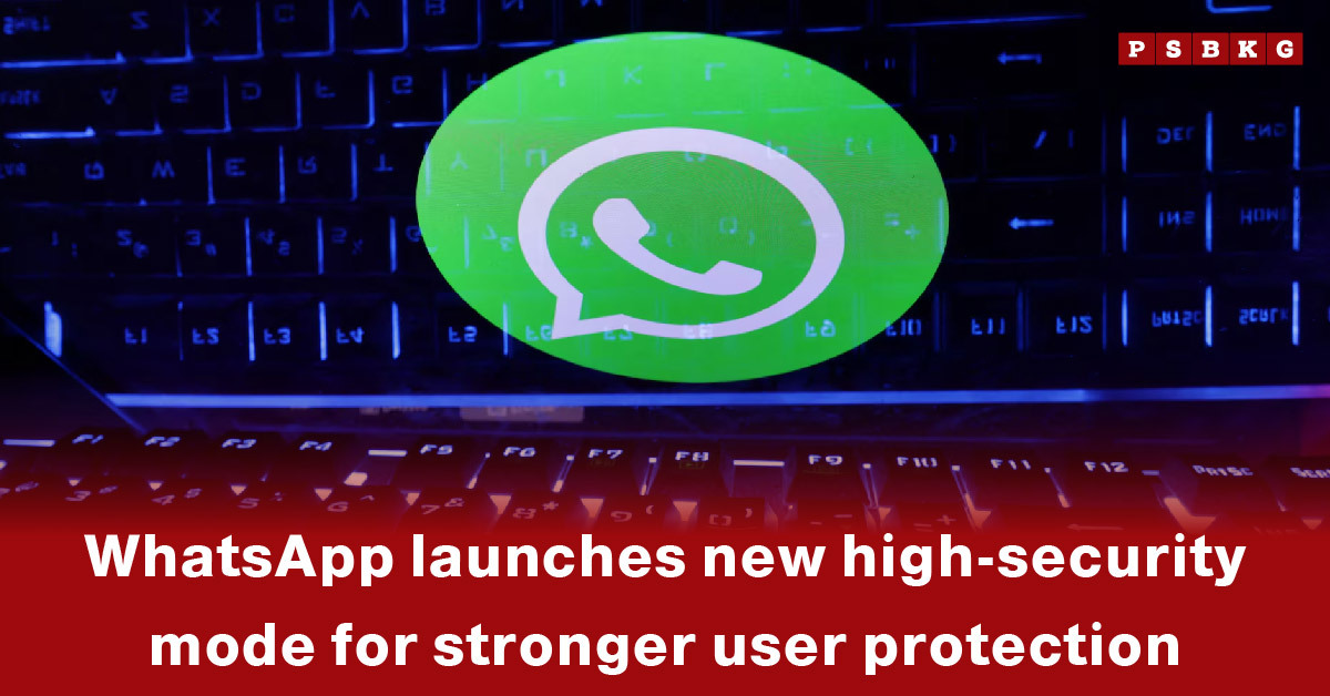 Green WhatsApp logo over a keyboard background, highlighting WhatsApp high-security mode for enhanced user protection.