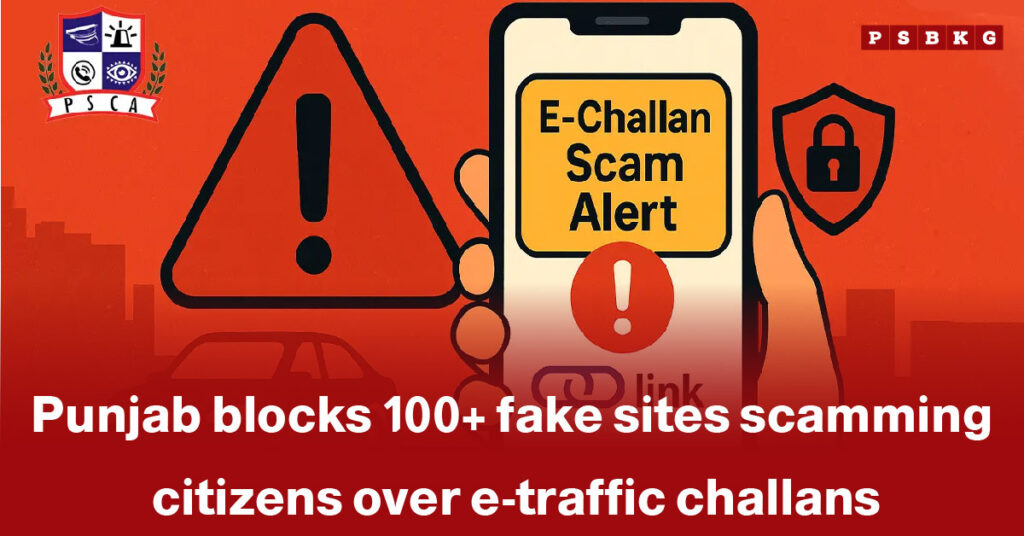 Warning graphic about fake e-traffic challan websites Punjab, alerting citizens to online scams and fraudulent payment portals.