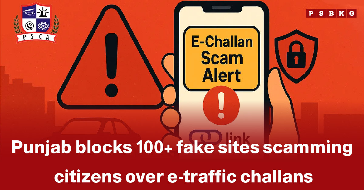 Warning graphic about fake e-traffic challan websites Punjab, alerting citizens to online scams and fraudulent payment portals.