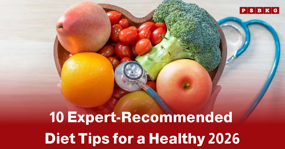 A heart-shaped bowl filled with colorful fruits and vegetables alongside a stethoscope, highlighting healthy diet tips 2026.