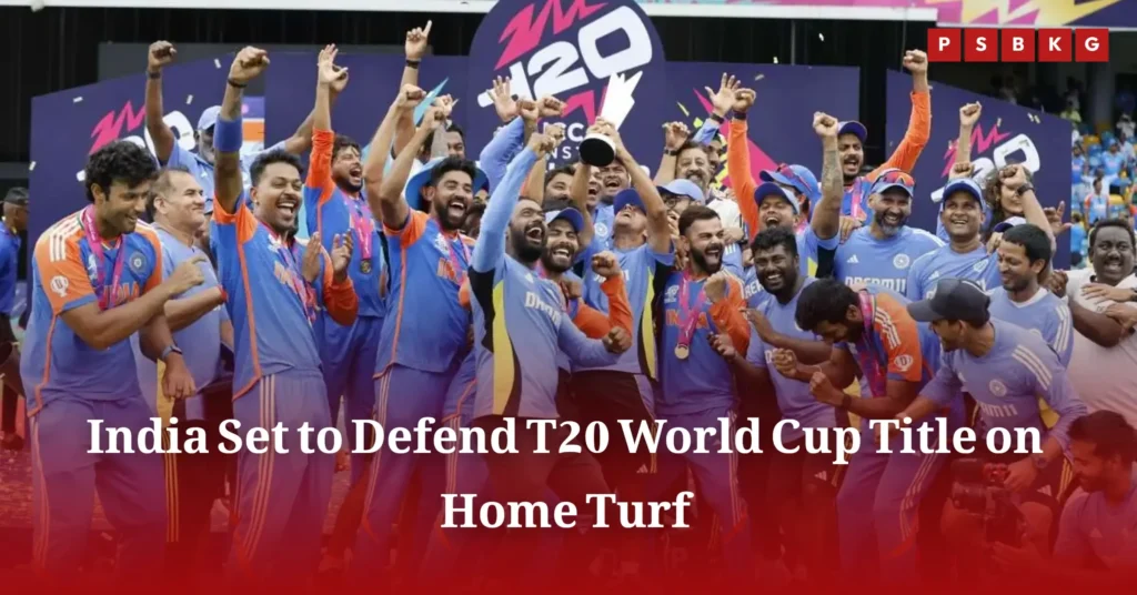 The cricket team cheers on stage in blue and orange jerseys. A backdrop reads “T20 World Cup”, capturing the excitement and energy of the tournament.