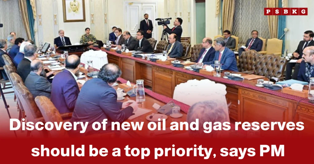 A formal meeting of officials discussing the importance of discovering new oil and gas reserves Pakistan.