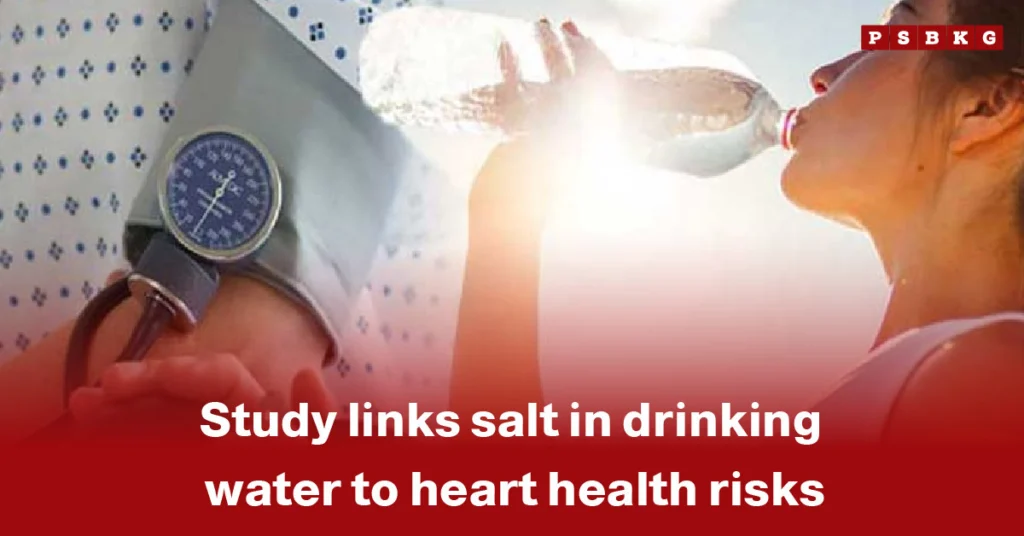 A person drinks water with a blood pressure monitor nearby, highlighting salt in drinking water heart risks and its impact on cardiovascular health.