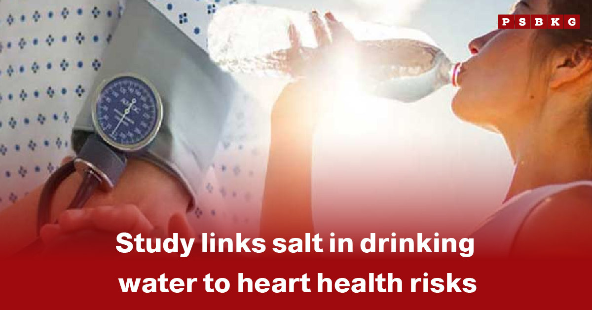 A person drinks water with a blood pressure monitor nearby, highlighting salt in drinking water heart risks and its impact on cardiovascular health.