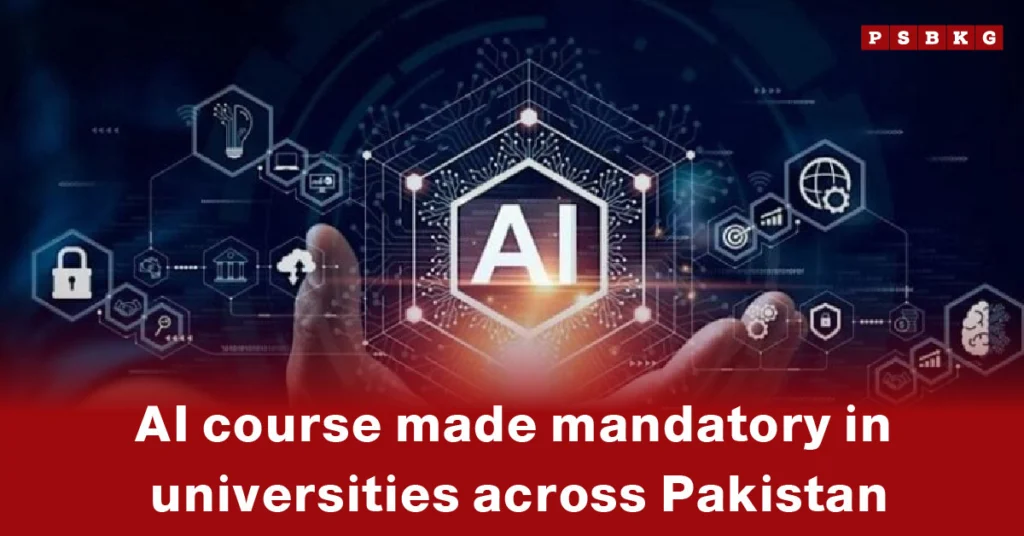 AI course mandatory Pakistan: Hand hovering over digital icons with an "AI" symbol, announcing AI courses are now mandatory in Pakistani universities.