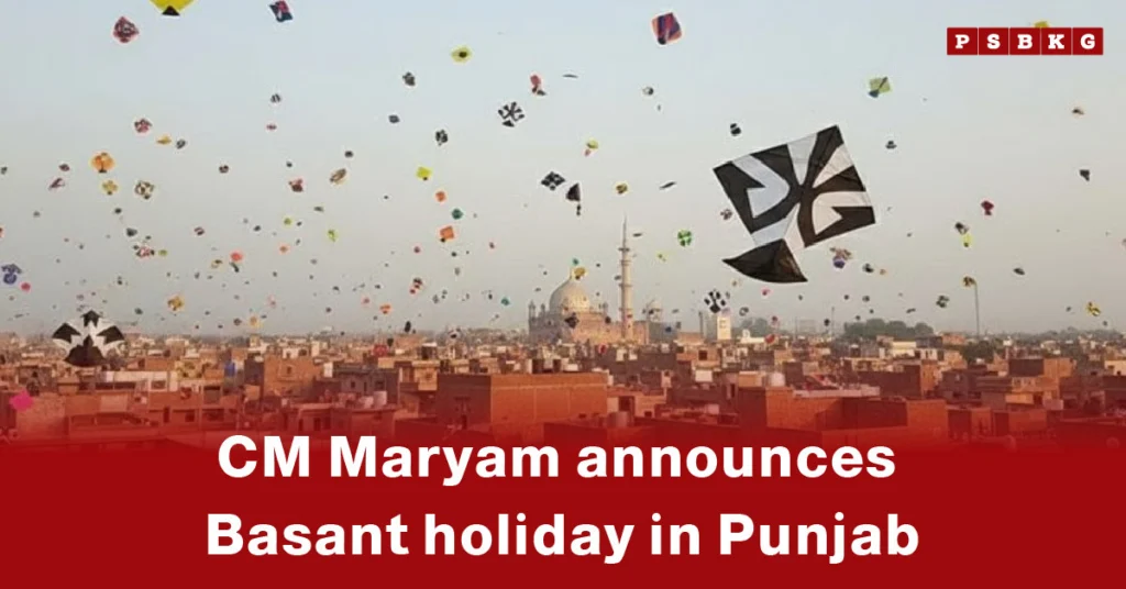 A vibrant sky filled with colorful kites over a cityscape, celebrating CM Maryam Basant Holiday announced in Punjab.