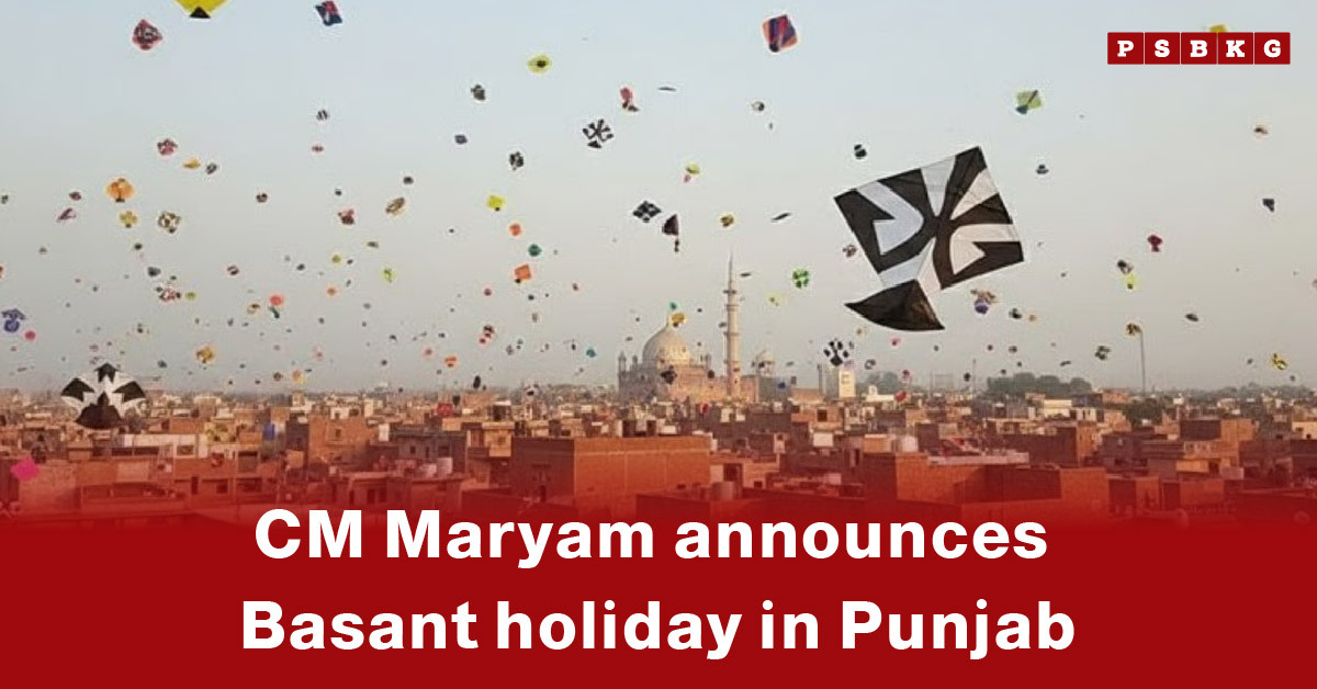 A vibrant sky filled with colorful kites over a cityscape, celebrating CM Maryam Basant Holiday announced in Punjab.