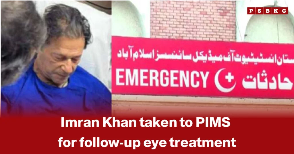 Imran Khan PIMS eye treatment: A patient in a blue shirt sits near an emergency sign at PIMS while receiving follow-up care for eye treatment.