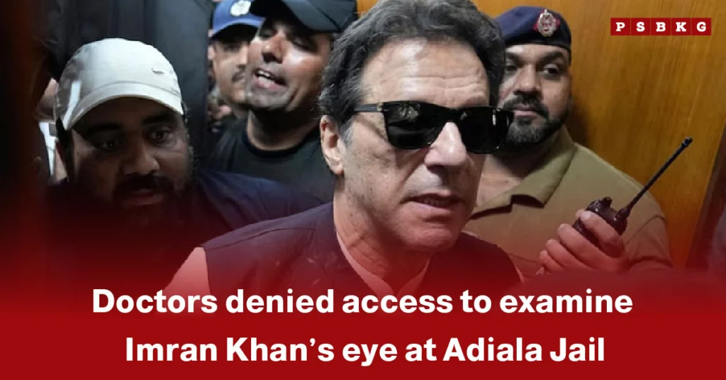Imran Khan eye examination denied: A crowd surrounds a man in a dark vest, highlighting tensions over denied medical access at Adiala Jail.