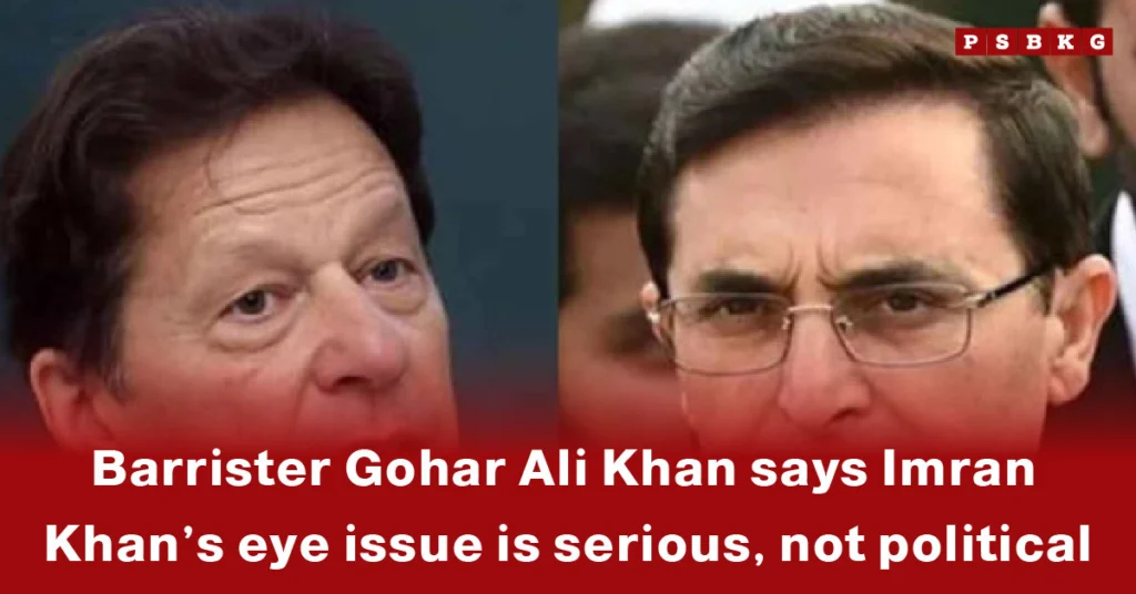 Imran Khan eye issue: Two individuals with serious expressions appear side by side against a muted background discussing concerns related to Imran Khan.