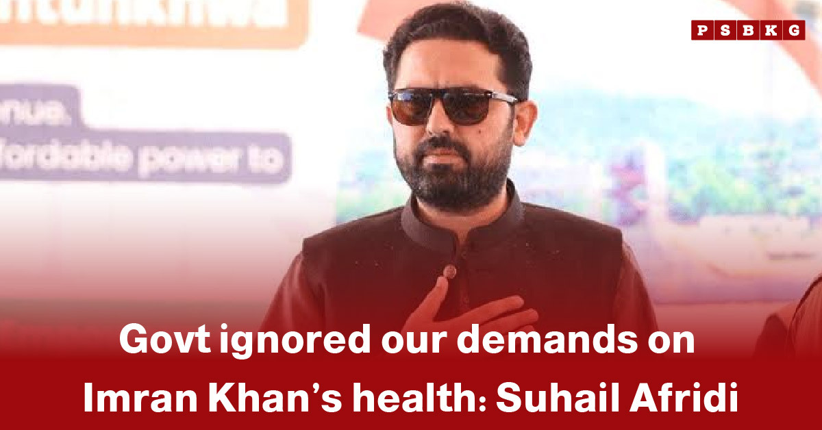 Imran Khan health concerns: A speaker gestures at a press conference, emphasizing worries about government inaction on health demands regarding Imran Khan.