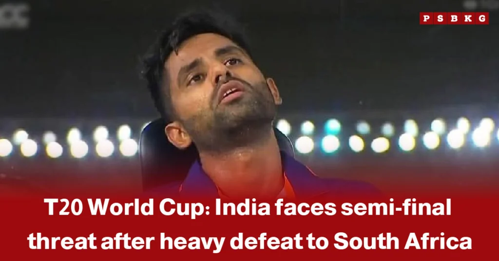 India semi-final threat T20 World Cup: A dejected player after India’s heavy defeat to South Africa, with blurred stadium lights in the background.