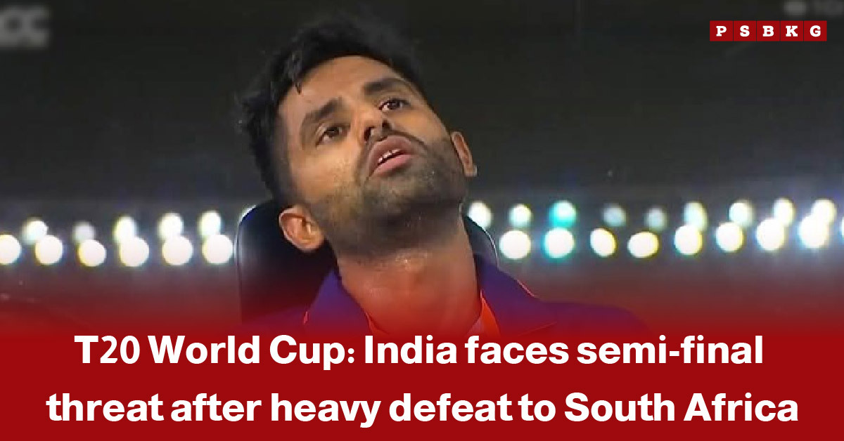 India semi-final threat T20 World Cup: A dejected player after India’s heavy defeat to South Africa, with blurred stadium lights in the background.