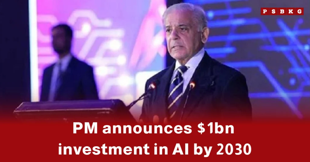 Pakistan AI investment announcement as a speaker reveals a $1 billion AI funding plan by 2030 on a tech-themed stage.