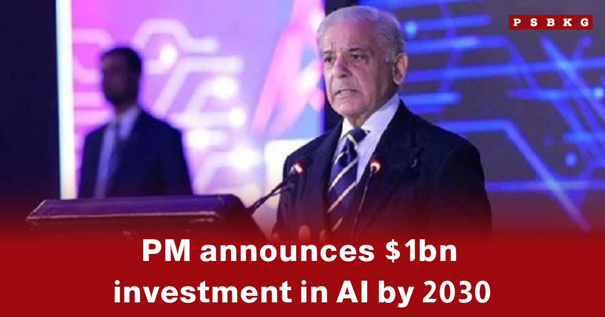 Pakistan AI investment announcement as a speaker reveals a $1 billion AI funding plan by 2030 on a tech-themed stage.