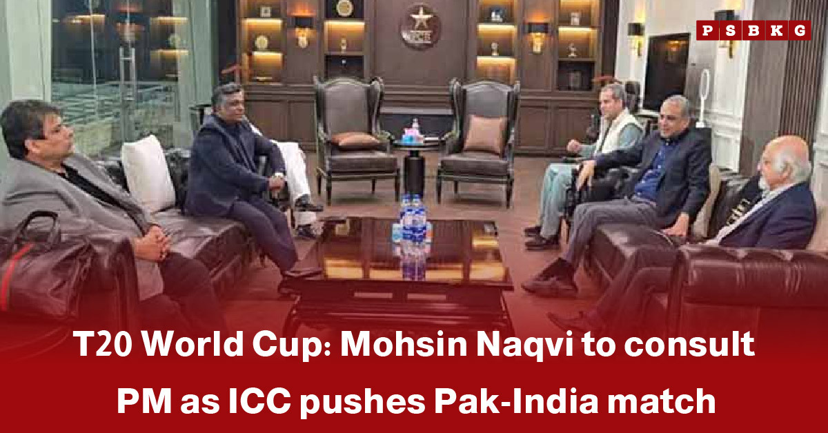 A group of men sitting in a formal meeting room discussing cricket matters, highlighting Pakistan India T20 World Cup match preparations.