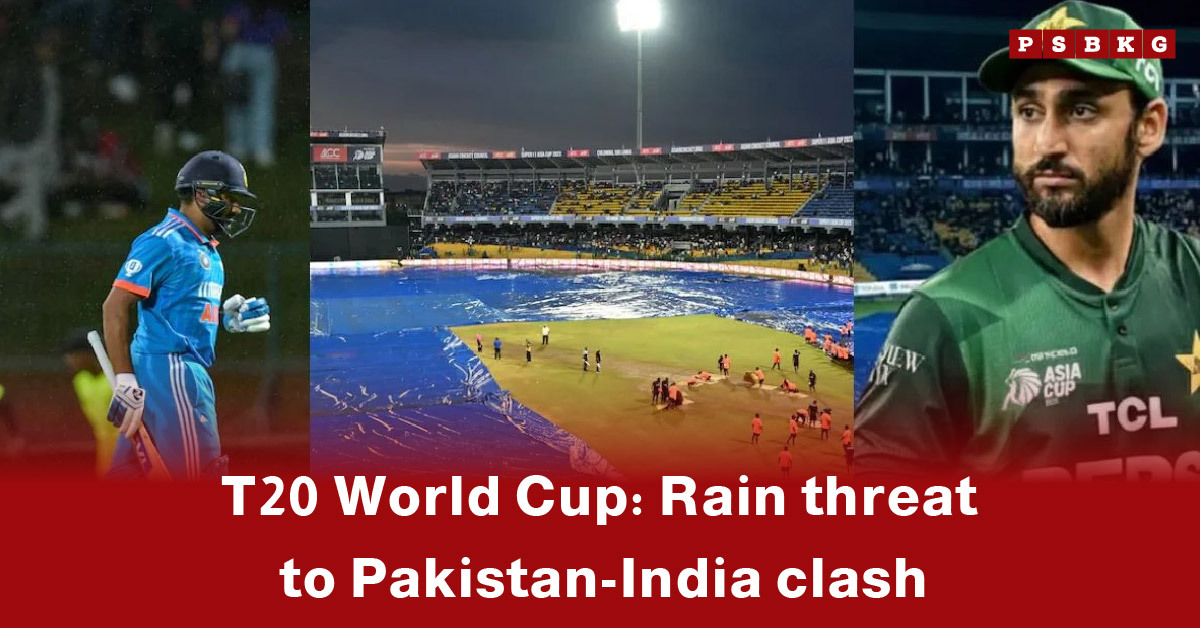 Pakistan India T20 World Cup rain threat: Players on a rain-soaked cricket field highlighting potential delays for the Pakistan-India match.