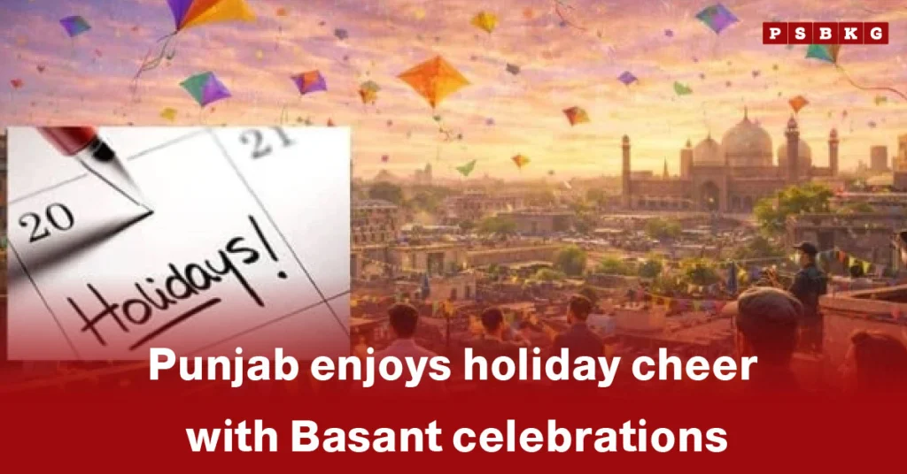 A vibrant sunset over Punjab with people celebrating Basant by flying colorful kites, highlighting Punjab Basant celebrations and marked holidays.