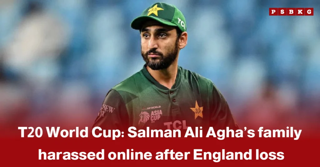 Salman Ali Agha family harassment: Cricketer wearing a green jersey with a star, photographed during the T20 World Cup against a blurred stadium background.