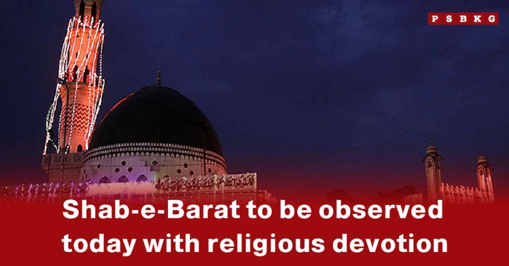 A beautifully lit mosque at dusk, celebrating Shab-e-Barat observed in Pakistan with vibrant decorations and religious devotion.