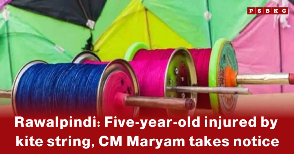 Colorful spools of kite string in front of vibrant kites, highlighting a kite string injury Rawalpindi involving a five-year-old child.