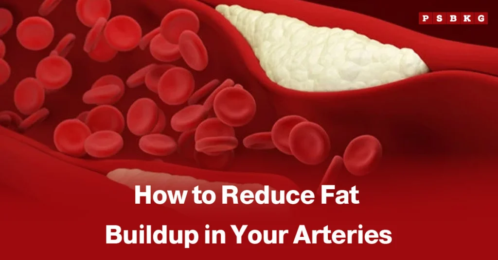 reduce fat buildup in arteries: Blood cells flowing through an artery showing visible fat deposits with tips for improving heart health.