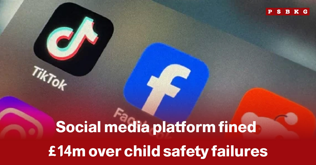 social media child safety fine: Smartphone screen displaying TikTok, Facebook, and Instagram app icons with text about a £14m fine for child safety failures.