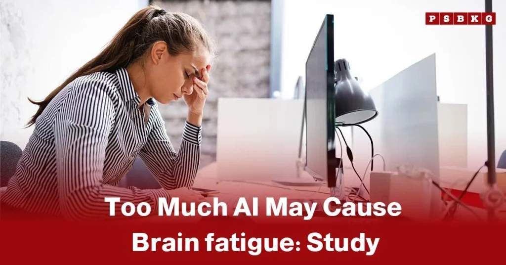 Woman leaning on her hand, looking at a computer screen in an office, illustrating AI brain fatigue study warning that too much AI may cause mental exhaustion.