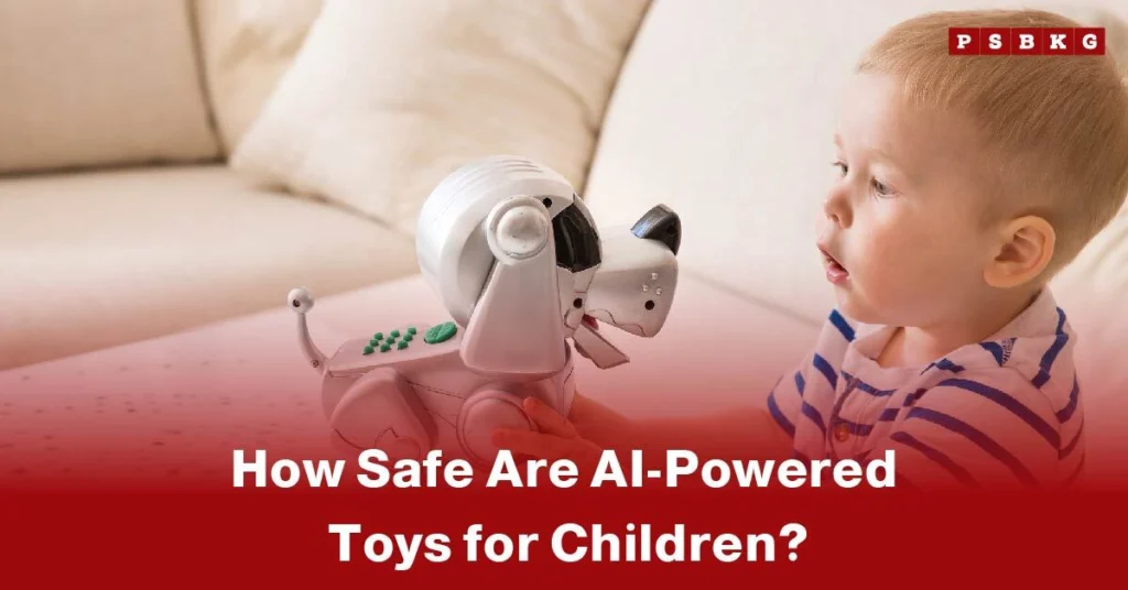 Child sitting on a couch facing a robotic dog toy, highlighting concerns about AI powered toys for children safety and potential risks of smart toys.