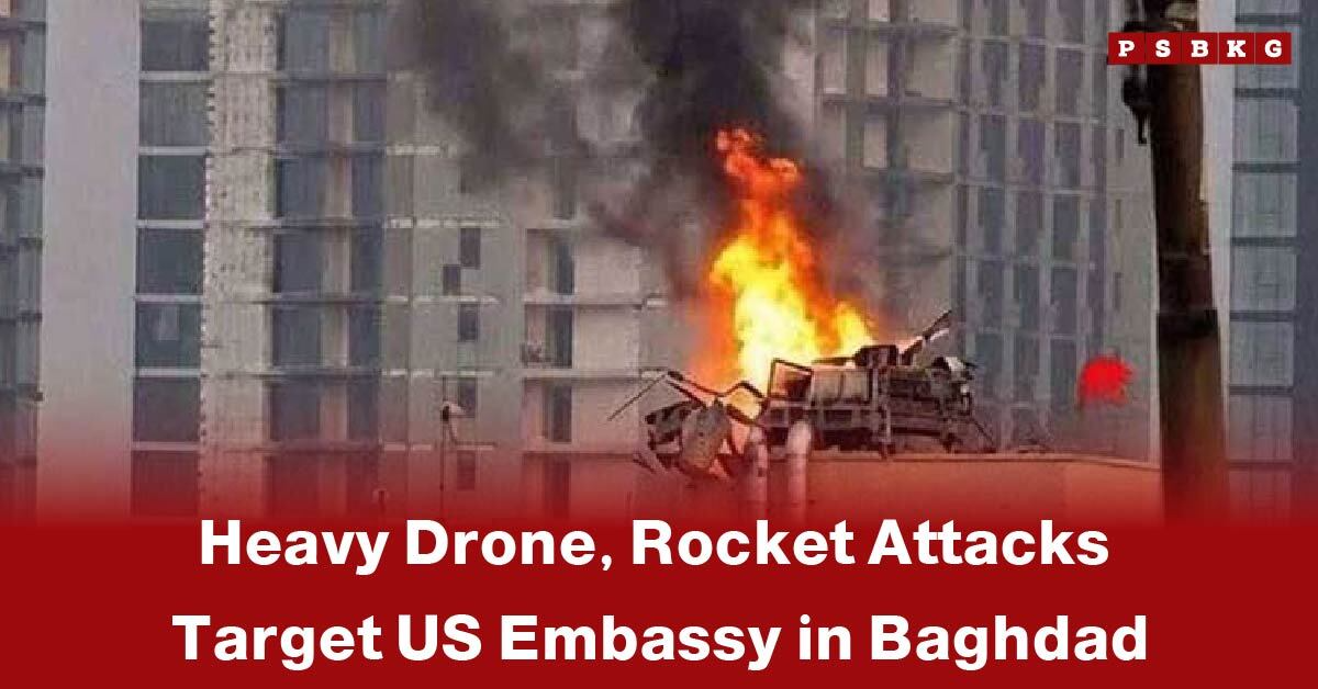 Flames and thick black smoke rise near a high-rise building, illustrating Baghdad US embassy attack during a drone and rocket strike in the city.