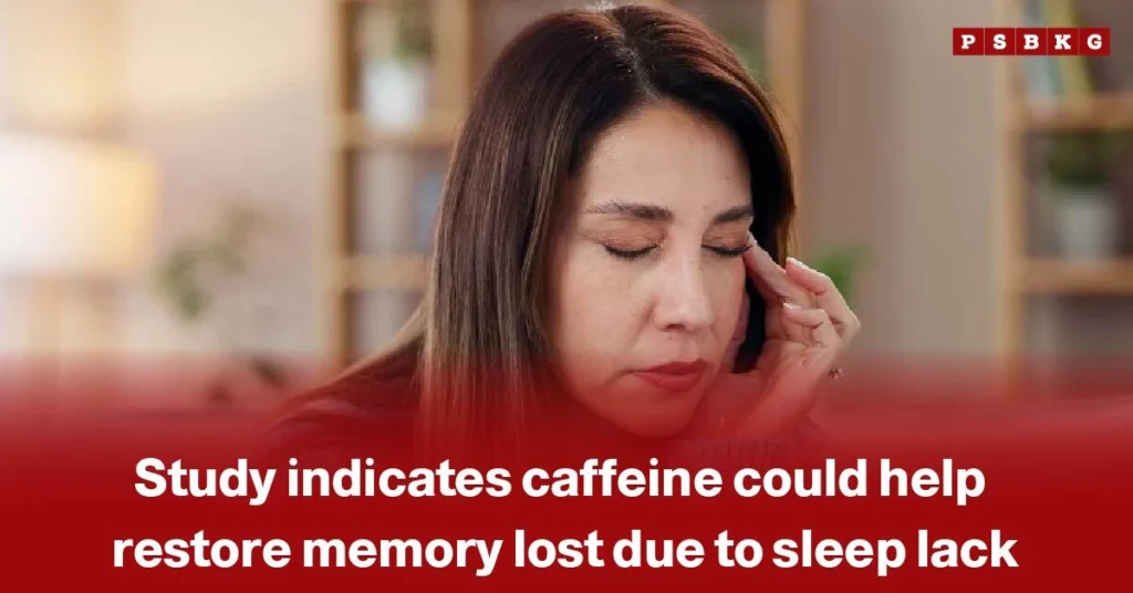 Woman touching her temple in a home setting, with text about caffeine helping restore memory lost from sleep deprivation, highlighting caffeine improves memory sleep loss.