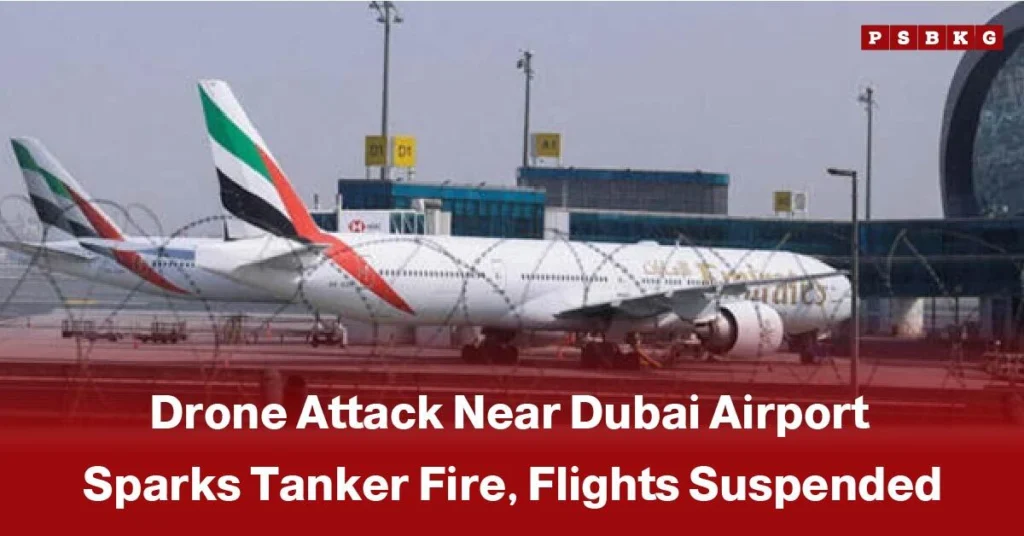 Emirates airplanes parked at Dubai airport, highlighting Dubai airport drone attack that caused a tanker fire and temporary flight suspensions.