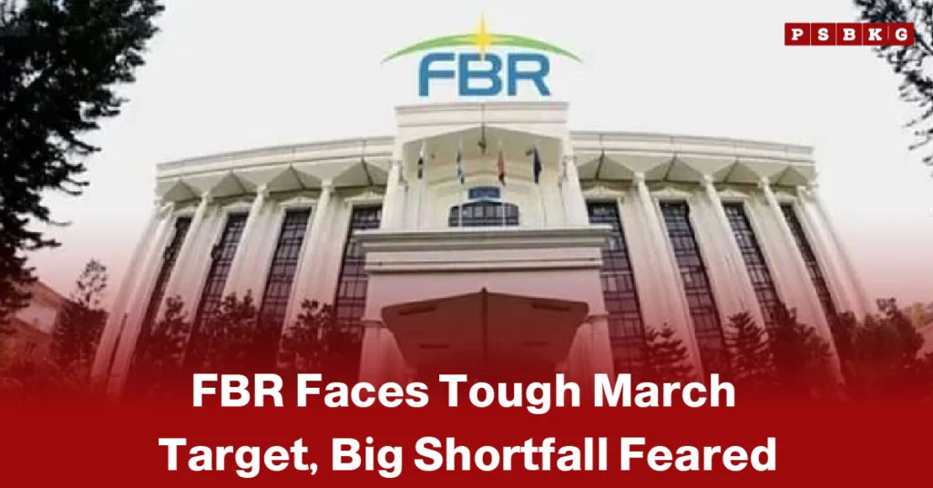 Front view of the FBR building with a red headline about FBR tax shortfall, highlighting concerns over missing the March revenue target.