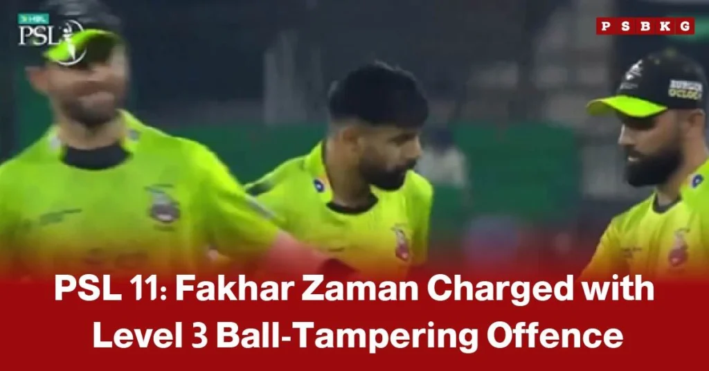 Cricket players in bright yellow uniforms with a headline about Fakhar Zaman ball tampering, highlighting PSL 11 charges for a Level 3 ball-tampering offence.
