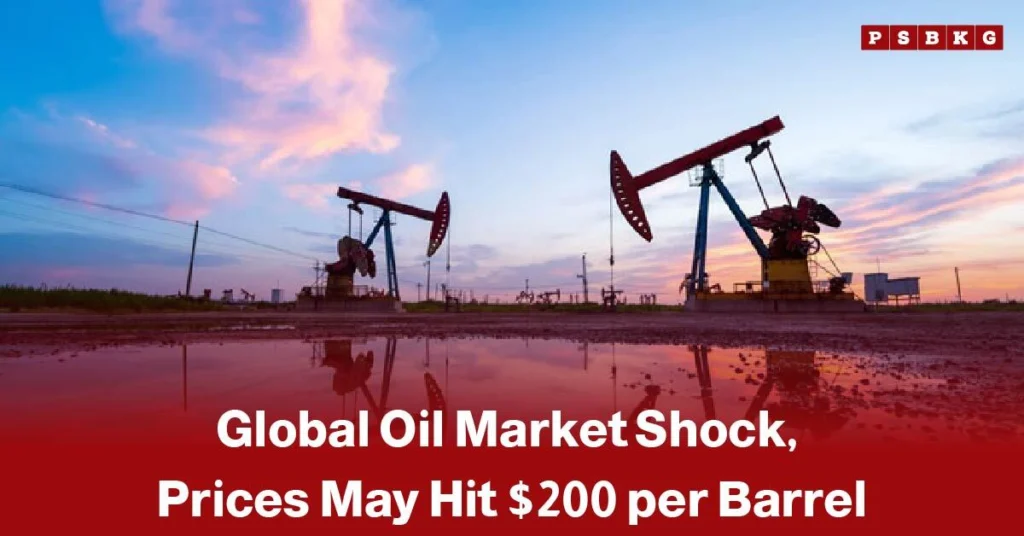 Oil pumpjacks on a field at sunset, highlighting Global oil prices amid a market shock with projections of prices potentially reaching $200 per barrel.